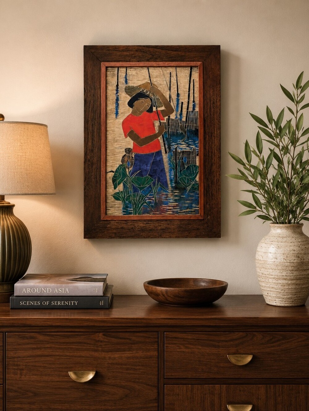 Vintage Penchum Enamel Painting Asian Modern Lotus River Wall Art MCM Zen Decor